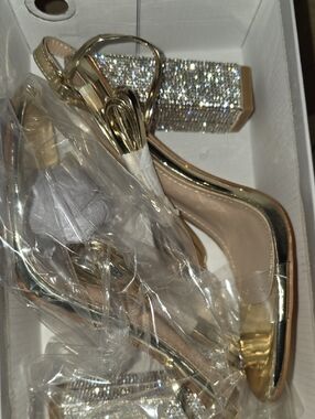 Benjamin Walk Women's Gold Rhinestone Block Heel Sandals